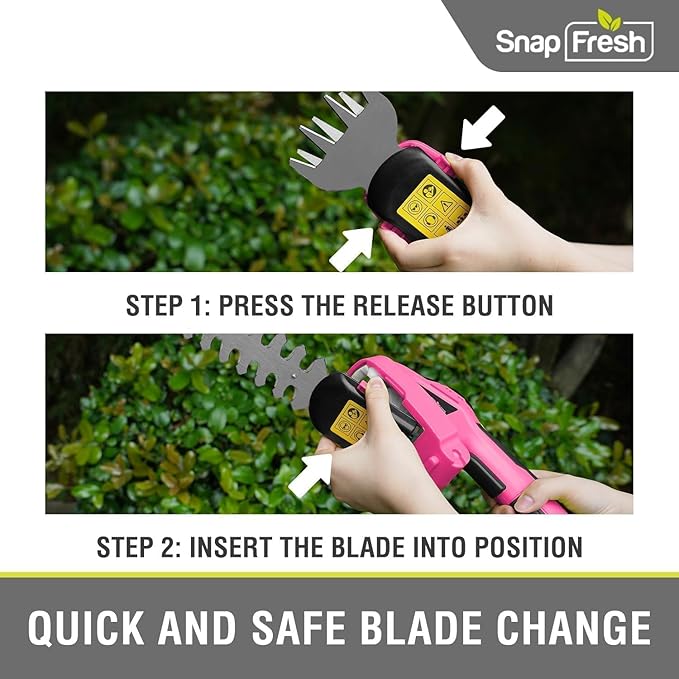 SnapFresh Cordless Hedge Trimmer & Grass Shears, 7.2V 2-in-1 Handheld Electric Bush Trimmer, Lightweight & Low-Noise, Rechargeable Lithium-Ion Battery with Type-C Cable Included (Pink)
