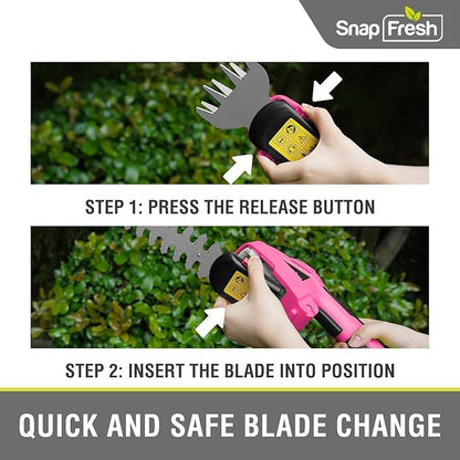 SnapFresh Cordless Hedge Trimmer & Grass Shears, 7.2V 2-in-1 Handheld Electric Bush Trimmer, Lightweight & Low-Noise, Rechargeable Lithium-Ion Battery with Type-C Cable Included (Pink)
