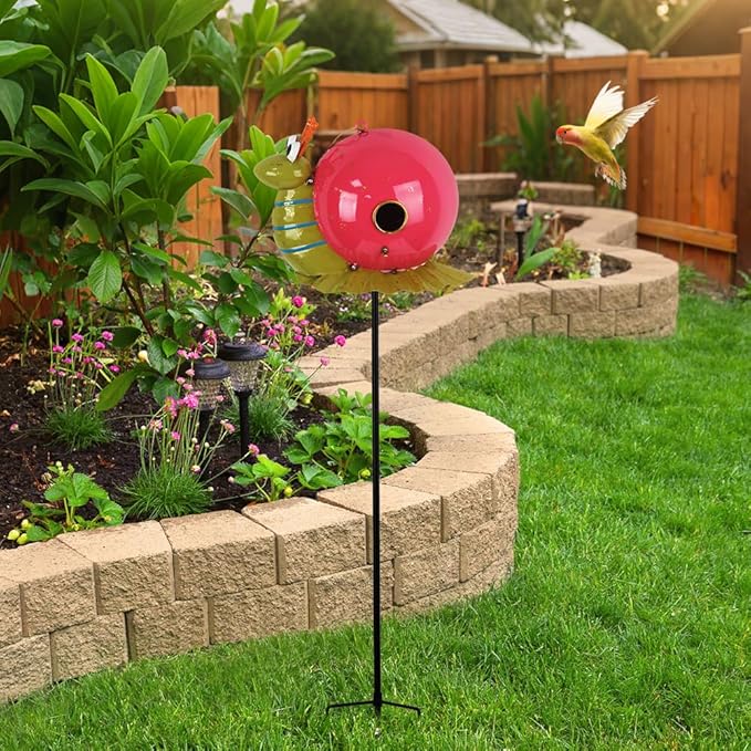 37" Bird Houses for Outside, Outdoor Metal Snail Birdhouse with Hanging String & Poles for Patio, Yard, Garden