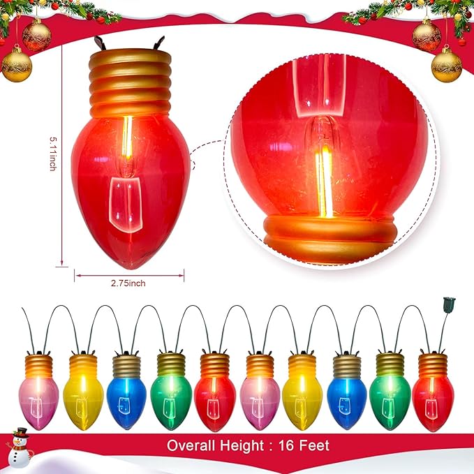 16Ft Jumbo LED Multicolor Christmas String Lights Outdoor with 10 C7 Clear Jumbo Multicolor Bulb, Connectable Hanging Christmas Lights for Indoor Outdoor Porch Patio Eave Xmas Trees Roof Decorations