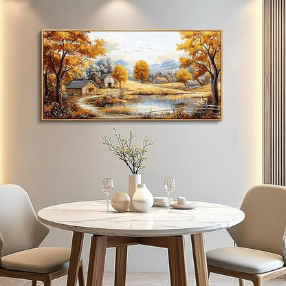 QIYILEXWART Autumn Forest Wall Paintings Large Wall Art For Living Room Canvas Decor For Bedroom Ocean Inspiration Pictures Office Decorations Posters Modern Home Decor Artwork Wood Framed
