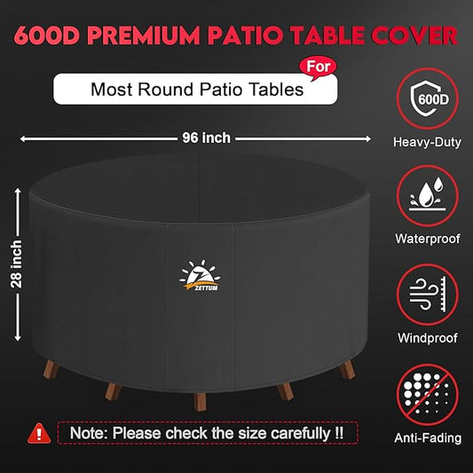 Zettum Round Patio Table Cover 96 Inch - 600D Outdoor Furniture Cover Round Waterproof & Heavy Duty, Lawn Furniture Set Covers Large for Outside Dining Table and Chairs Seating - 96 x 96 x 28 Inch
