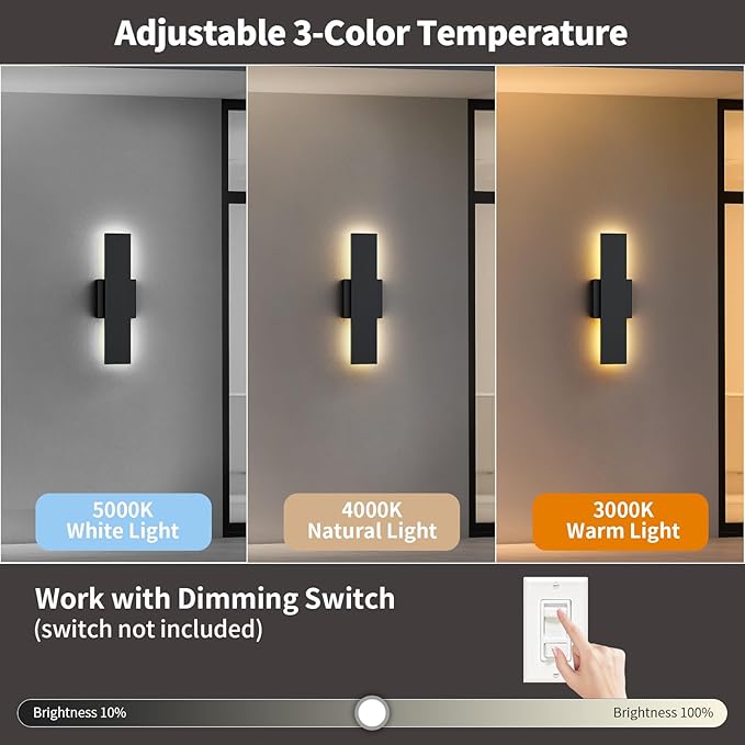 2 Pack LED Modern Outdoor Wall Lights Dimmable 3-Color Temperature 15.7in Exterior Lighting Fixtures IP65 Waterproof Outside Lights for House Hallway Garage Patio