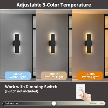 2 Pack LED Modern Outdoor Wall Lights Dimmable 3-Color Temperature 15.7in Exterior Lighting Fixtures IP65 Waterproof Outside Lights for House Hallway Garage Patio