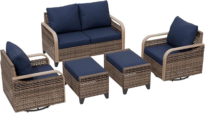 Modern Wicker Patio Furniture Set, Rattan Outdoor Conversation Set with Comfortable Cushions, 2 Swivel Rocking Chairs, 2 Seat Loveseat and 2 Ottomans, 5 Pieces, Brown/Blue