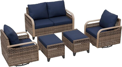 Modern Wicker Patio Furniture Set, Rattan Outdoor Conversation Set with Comfortable Cushions, 2 Swivel Rocking Chairs, 2 Seat Loveseat and 2 Ottomans, 5 Pieces, Brown/Blue
