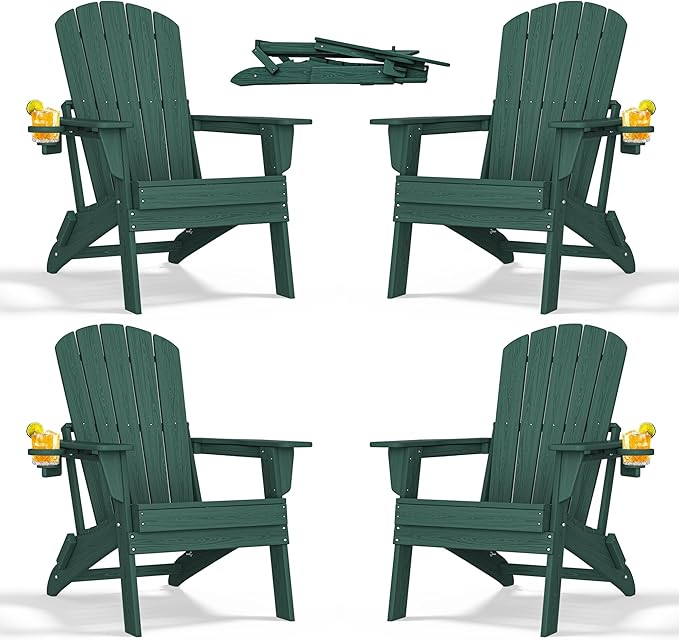 nevilywood Folding Adirondack Chair with Cup Holder Set of 4, HDPE Patio Chairs,All-Weather Outdoor Chairs for Backyard, Deck,Fire Pit-Green