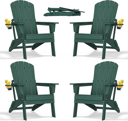 nevilywood Folding Adirondack Chair with Cup Holder Set of 4, HDPE Patio Chairs,All-Weather Outdoor Chairs for Backyard, Deck,Fire Pit-Green