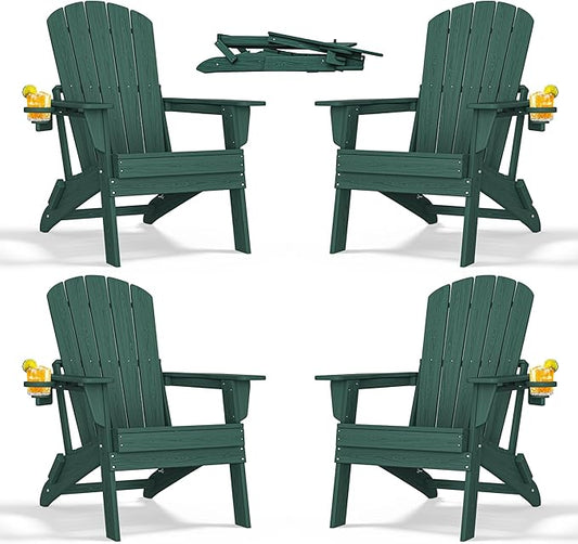 nevilywood Folding Adirondack Chair with Cup Holder Set of 4, HDPE Patio Chairs,All-Weather Outdoor Chairs for Backyard, Deck,Fire Pit-Green