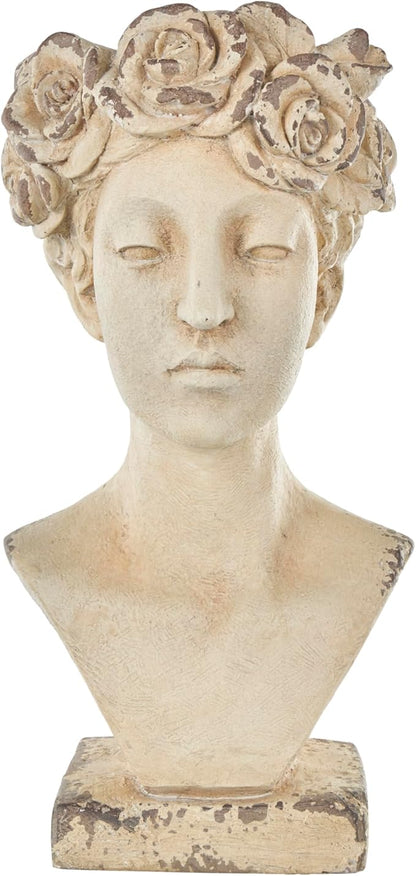 Deco 79 Magnesium Oxide Woman Indoor Outdoor Planter Distressed Antique Greek Bust Large Planter Pot with Floral Accents, Planter 11" x 10" x 22", Cream