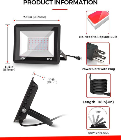 L LOHAS LED Red Christmas Flood Light Outdoor, 𝑫𝒖𝒔𝒌 𝒕𝒐 𝑫𝒂𝒘𝒏 50W Plug in Flood Light, IP66 Waterproof Christmas Decorations, 2300lm Christmas Lights for Yard, Garage, Party, UL Listed, 2 Pack