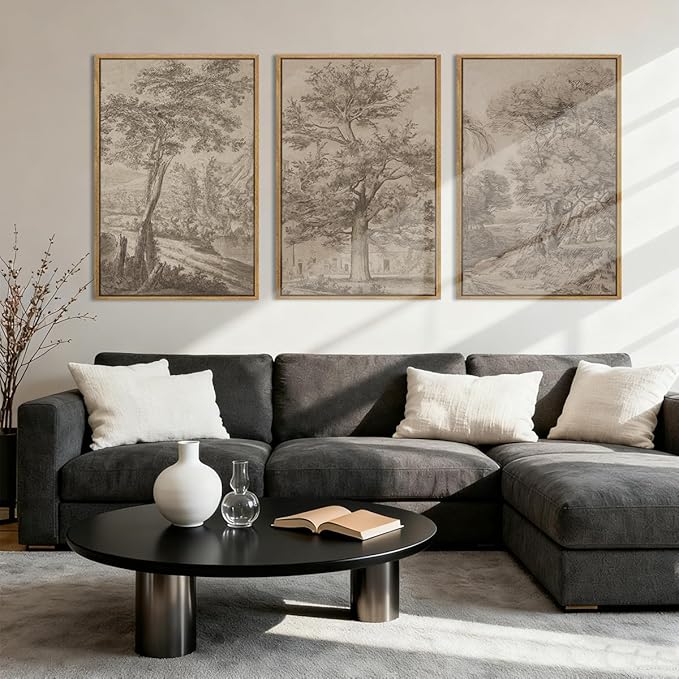 Anyzal Large Vintage Tree Sketchbook Wall Art 16x24 Inch Framed Neutral Forest Landscape Minimalist Woodsy Artwork for Living Room Bedroom Office Set of 3