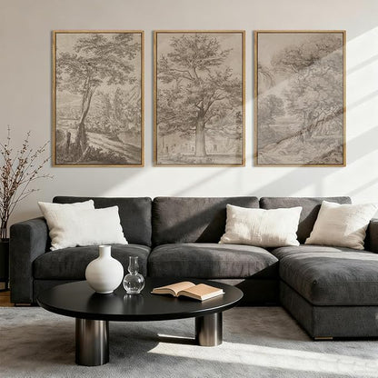 Anyzal Large Vintage Tree Sketchbook Wall Art 16x24 Inch Framed Neutral Forest Landscape Minimalist Woodsy Artwork for Living Room Bedroom Office Set of 3