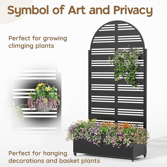 Metal Raised Garden Bed with Trellis & Wheels,72" x 35"x 15.7" Planter Box with Trellis,Privacy Planters for Patio,Garden Bed for Climbing Plants,Suitable for Climbing Plants and Vegetables,Black