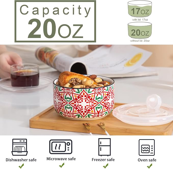 Ceramic Bowl with Lid, Microwave Safe, Set of 4 | Food Storage Containers for Soup, Meal Prep, Cereal, Salad Leftovers - Picnic, Camping, Office Lunch - 20 oz, Red-Pattern
