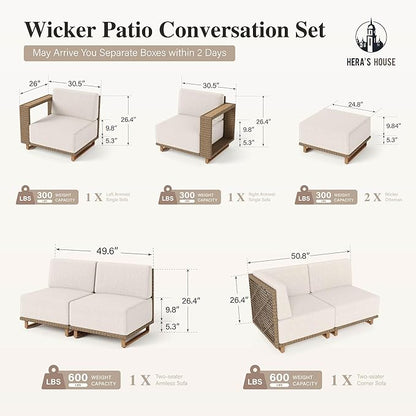 HERA'S HOUSE 8 Pieces Patio Furniture Set, 6 Sectional Outdoor Rattan Wicker Sofas with 2 Ottomans, All Weather Patio Conversation Set with 5.3" Widened Armrest, 10" Premium Ultra Thick Comfy Cushion