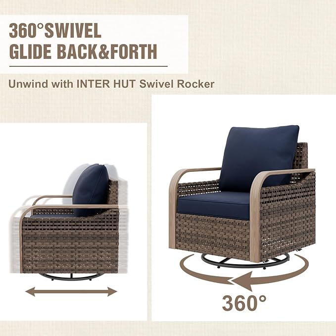 Modern Wicker Patio Furniture Set, Rattan Outdoor Conversation Set, 4 Swivel Rocking Chairs, 3 Seat Couch, 2 Ottomans, Coffee Table and Side Table, 9 Pieces, Brown/Blue