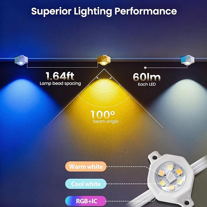 Permanent Christmas Outdoor Lights for House, 100ft RGB+IC and Tunable White Warm to Cool Color Changing Exterior Lighting, IP67 72 LED Eave Lights for Holiday, Christmas, Daily Lighting