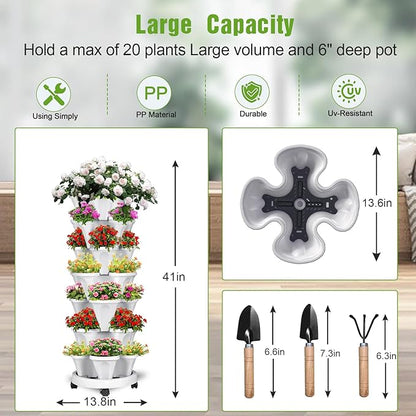 Vertical Strawberry Planter 7 Tier Stackable Tower Herb Planters-Stacking Garden Outdoor Grey Planter Pot with Tools Mover for Succulents, Vegetables and Flowers