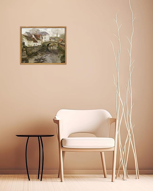 UPWOIGH Vintage Framed Wall Art,12"x16" Country Oil Painting,Belgian Village Canal Print,European City,Rustic Wall Decor,Antique Painting,Moody Autumn Farmhouse Artwork for Living Room Bedroom,1Pack