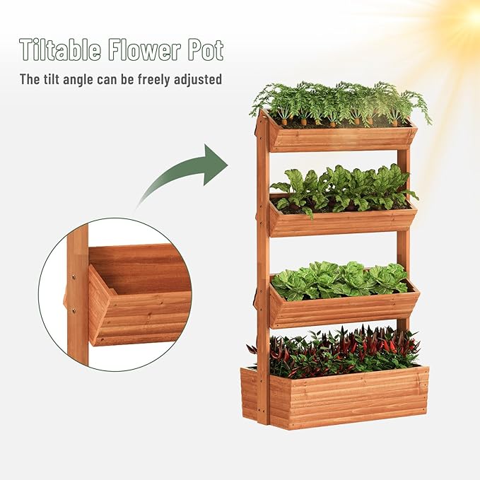 Vertical Wooden Raised Garden Bed, Garden Planters Freestanding Wood Plant Stand Flower Rack Wooden Planter Box for Plants Herbs Flowers Vegetables Outdoor Indoor Gardening (4-Tier Brown)