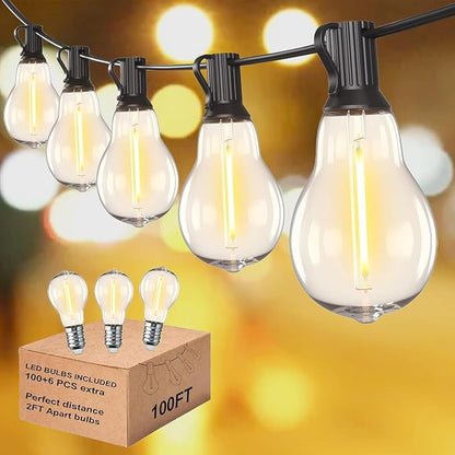 Outdoor String Lights 100FT Waterproof LED Outdoor Lights for Patio with 53 Shatterproof LED Bulbs (3 Spare),Outside Hanging Light for Party, Bistro, Gazebo, Backyard, Garden,Black Cord