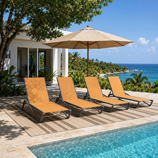 Patio Chaise Lounge Chairs Set of 4, All-Weather Aluminum Pool Loungers for Outside, 5-Position Adjustable Sunbathing Chairs for Tanning, Stackable for Backyard, Poolside, Solar Orange