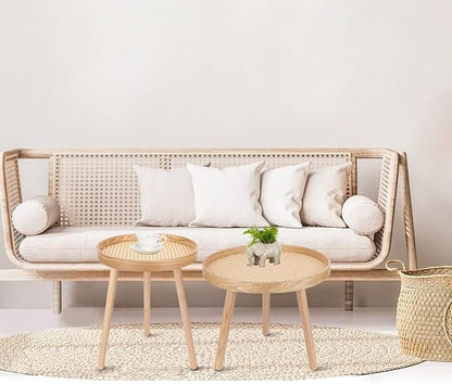 Round Coffee Table Set of 2, Natural Boho Coffee Tables, Small Mid Century Modern Rattan Coffee Table, Boho Side Table End Tables for Living Room Bedroom Office