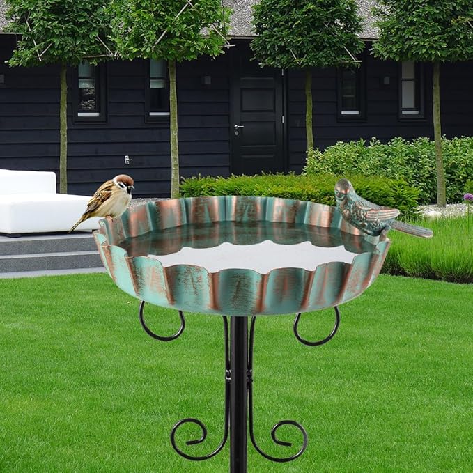 Metal Outdoor Bird Bath,11.6 Inch Standing Birdbath & Birdfeeder for Outside with 4 Prongs Base Stake,Garden Bird Baths for Yard Lawn Decor