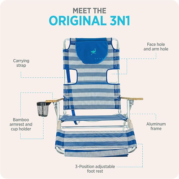 Ostrich the Original 3N1 Lightweight Beach Reclining Lounge Chair with Footrest, Outdoor Furniture for Patio, Balcony, Backyard, or Porch, Blue Stripe
