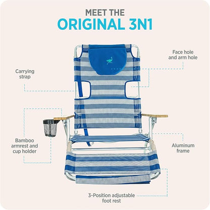 Ostrich the Original 3N1 Lightweight Beach Reclining Lounge Chair with Footrest, Outdoor Furniture for Patio, Balcony, Backyard, or Porch, Blue Stripe