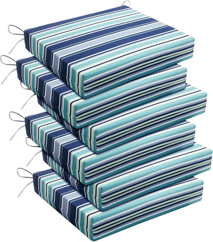 Basic Beyond Outdoor Chair Cushions Set of 6, Square Corner Outdoor Cushions for Patio Furniture, Water Resistant Patio Chair Cushions with 2 Ties, 18.5x16x3, Pinstriped Blue