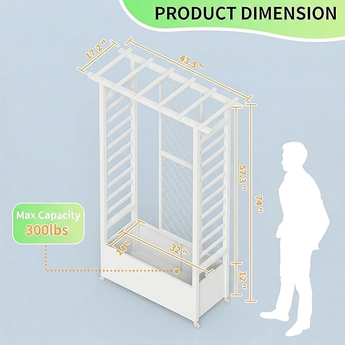 74" Mobile Planter with Trellis,Weatherproof Vertical Raise Garden Bed with Trellis & Hanging Roof for Climbing Plants,Flowers,Vegetables,Rust-Proof Metal Privacy Planter for Patio (White-A)