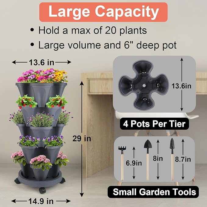 GameXcel Vertical Planter Tower- 5 Tier Stackable Garden Planter with Wheels and Tool Set – Grow Strawberries Herbs Flowers and Vegetables - Indoor Outdoor Use Dark Gray