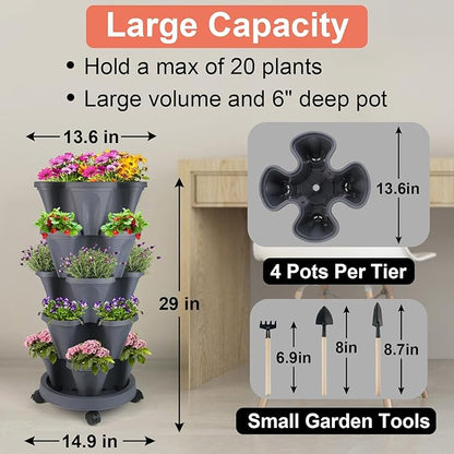 GameXcel Vertical Planter Tower- 5 Tier Stackable Garden Planter with Wheels and Tool Set – Grow Strawberries Herbs Flowers and Vegetables - Indoor Outdoor Use Dark Gray