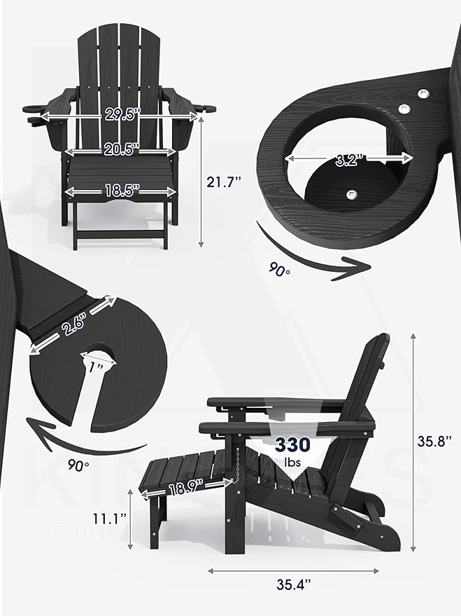 KINGYES Folding Adjustable Adirondack Chair with Ottoman & 2 Cup Holders Set of 4, HDEP Multifunctional Adirondack Chair with Footrest, Black