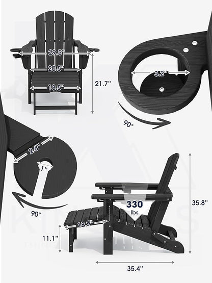 KINGYES Folding Adjustable Adirondack Chair with Ottoman & 2 Cup Holders Set of 4, HDEP Multifunctional Adirondack Chair with Footrest, Black