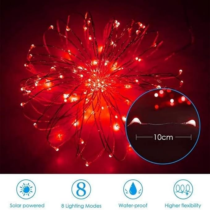 YEGUO 4 Pack Red Solar Fairy Lights, Each 33ft 100 LED Christmas Lights Outdoor Waterproof, 8 Modes Sliver Wire Solar String Lights