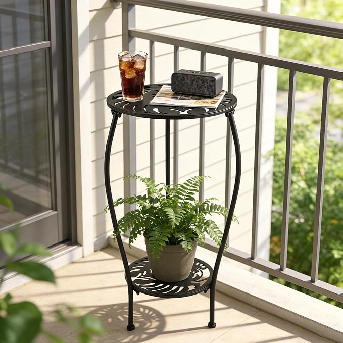 Party Zealot Two-Tiered 12 Inch Metal Round Side Tables Small Black Outside End Table for Patio Round Accent Garden Corner Stand for Small Spaces Weather-Resistant Outdoor Coffee Table for Balcony