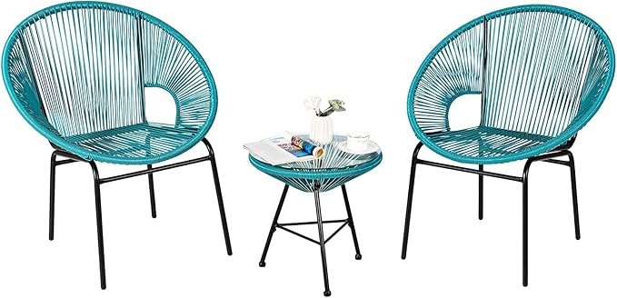 COSTWAY 3-Piece Outdoor Acapulco Chair Set, Wicker Conversation Bistro Sets with Plastic Rope, Glass Top Table, Patio Rattan Furniture Set for Garden, Balcony, Lawn, Backyard, Apartment, Turquoise