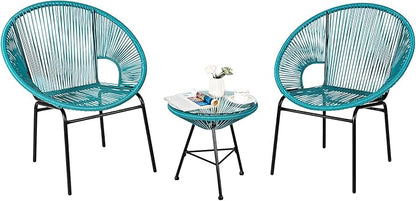 COSTWAY 3-Piece Outdoor Acapulco Chair Set, Wicker Conversation Bistro Sets with Plastic Rope, Glass Top Table, Patio Rattan Furniture Set for Garden, Balcony, Lawn, Backyard, Apartment, Turquoise
