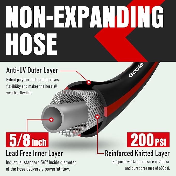 Heavy Duty Garden Hose 25ft, NON-EXPANDABLE Flexible Water Hose, Kink Resistant Lightweight Hybrid Hose, Leakproof Hose Male to Female Fittings