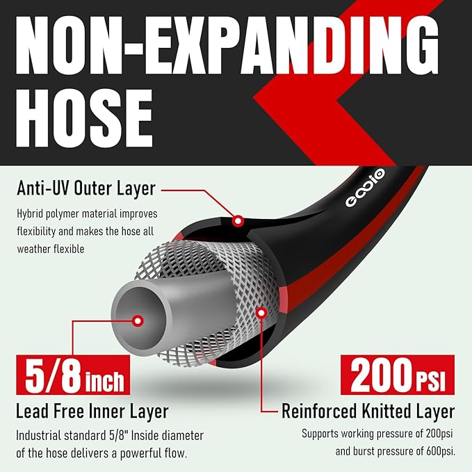 Heavy Duty Garden Hose 50ft, NON-EXPANDABLE Flexible Water Hose, Kink Resistant Lightweight Hybrid Hose, Leakproof Hose Male to Female Fittings