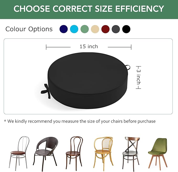 Summsun Outdoor Bistro Chair Cushions Set of 2, 15" D x 3" H Round Chair Cushions Waterproof and Fade Resistant Chair Cushion Pads with Non-Slip Ties and Removable Covers for Garden, Black
