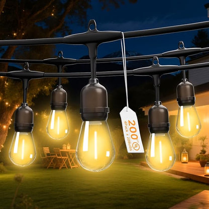 Outdoor Safety String Lights 200FT - Commercial Grade Low Voltage Strand with 80 S14 Shatterproof Bulbs for Tree Garden Yard bistro Cafe | Warm Yellow 3500K Party Lights | IP65 Waterproof | UL Listed