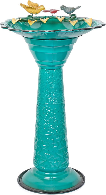 Alpine Corporation ORS112GN Vintage Metal Pedestal Birdbath with Stand, Shallow Bird Bath Bowl for Outside, 28" H, Green