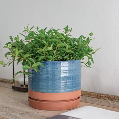 HERDUK 8 Inch Pots for Plants, Ceramic Planter Pot with Drainage Hole & Saucer, Indoor/Outdoor Cylinder Round Planter Pot, Blue & Terracotta