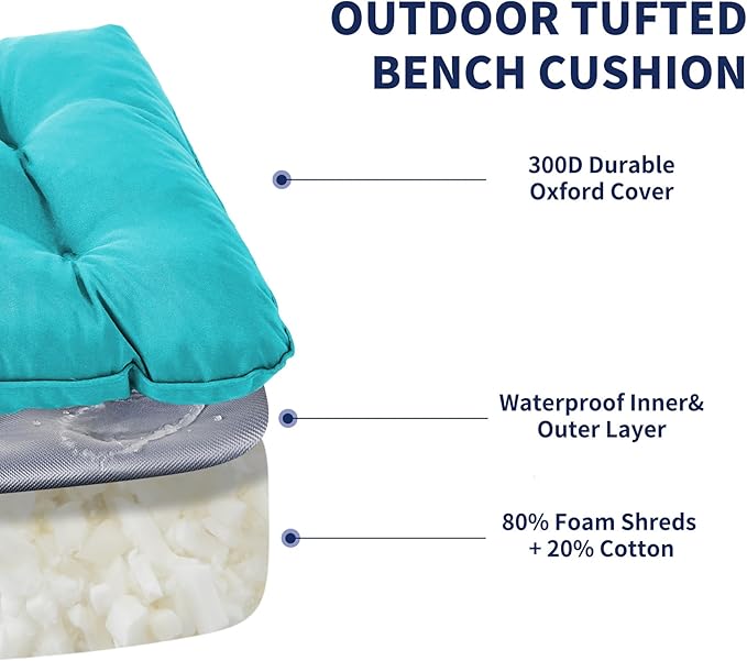 IPYNBAP Outdoor Bench Cushion, 59x18x5 Inch, Waterproof Bench Cushion for Outdoor/Indoor Furniture, Tufted Patio Bench Seat Cushion, Fade Resistant Outdoor Cushions for Porch Swing Couch, Teal Blue