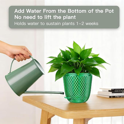 QCQHDU 2 Pack Self Watering Pots, 5.7 Inch Flower Pots with Drainage Holes and Water Filling Port, Plastic Garden Planter for Indoor Outdoor Plants (Emerald)