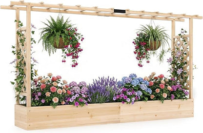 S AFSTAR Raised Garden Bed with Trellis, 2-in-1 Fir Wood Planter Box with Flat Roof & Drainage Holes, Vertical Planter Raised Bed for Climbing Plants, Flowers & Vegetables, 87" x 14" x 45" (Natural)
